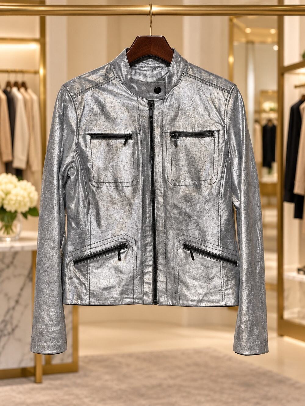 Chico’s Silver Metallic Genuine Leather Moto Jacket 4 Zip Pockets Size Small
